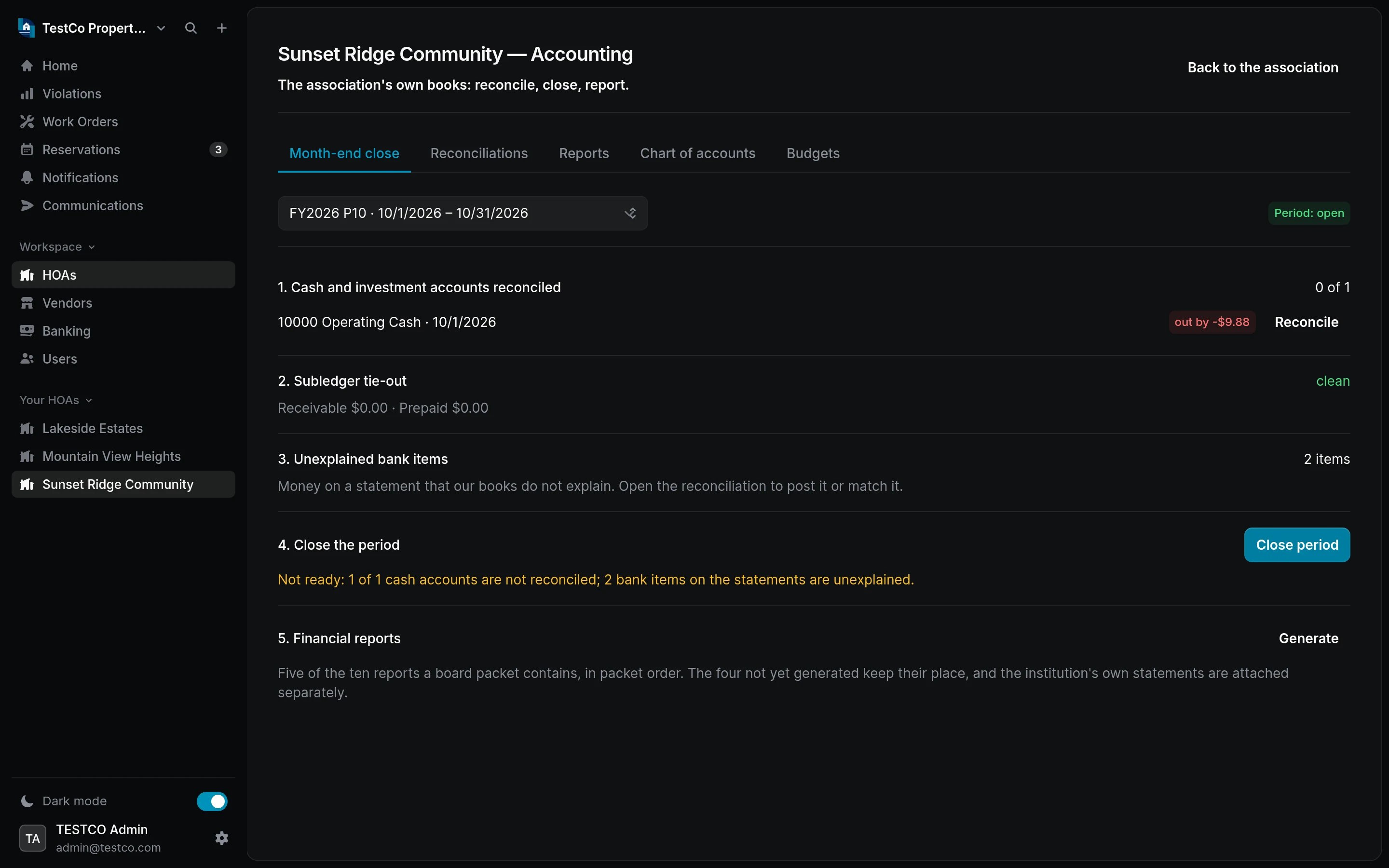The accounting workspace in Epic HOAs, showing month-end close for an association